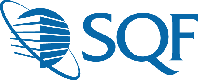 SQF logo featuring blue letters 'SQF' with a globe design and orbiting lines on the left."